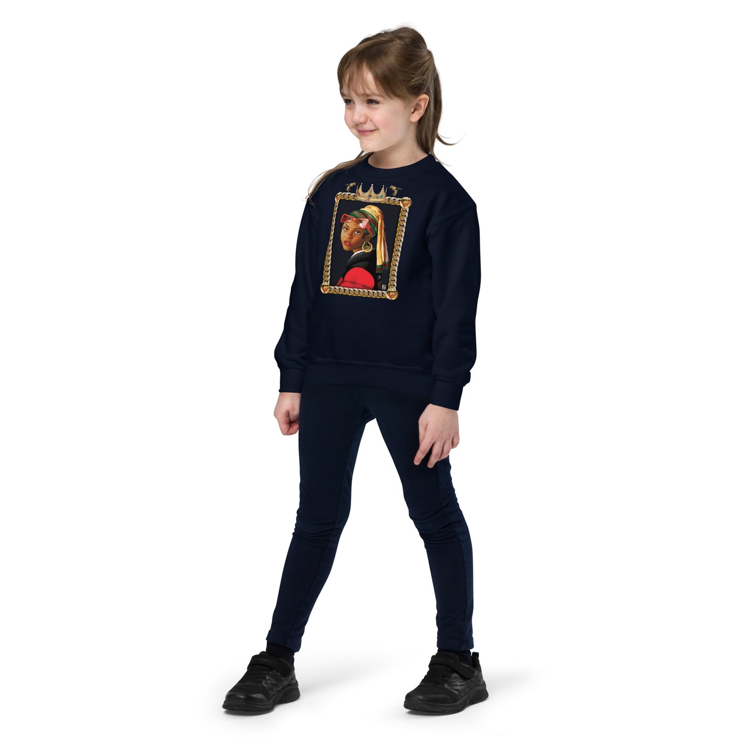 Youth Size Black Louvre Muse 001 - Girl With a Bamboo Earring - crewneck sweatshirt